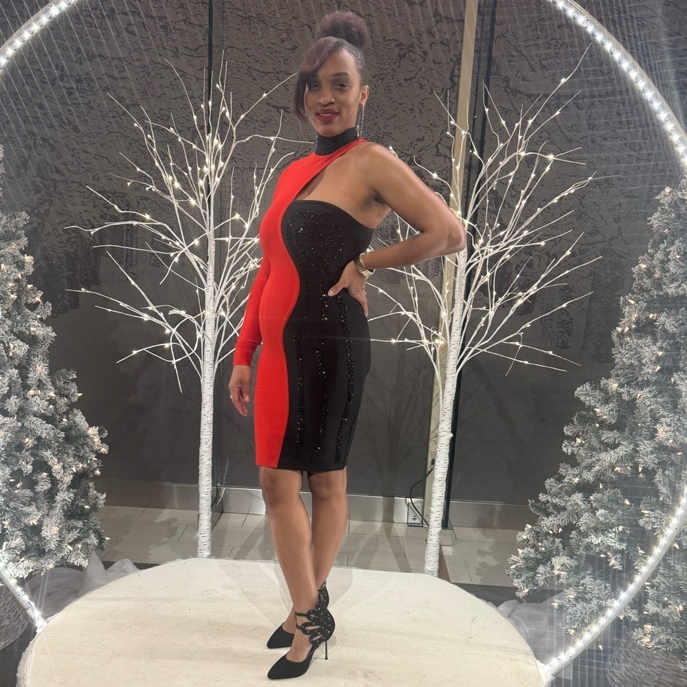 Black and Red Asymmetrical One Shoulder Bodycon Dress